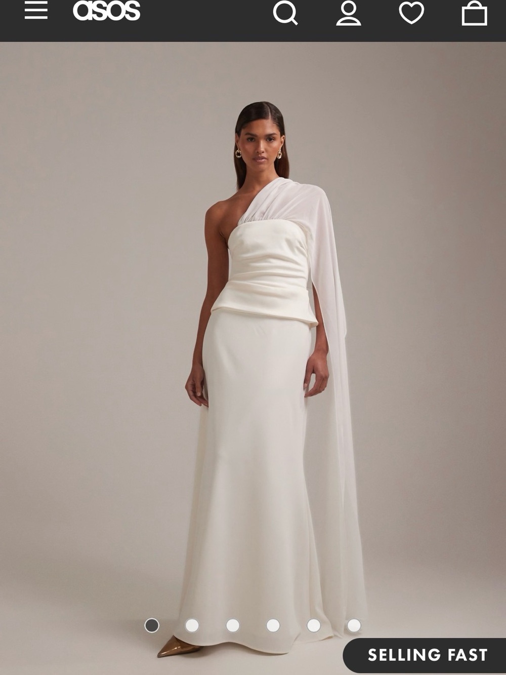 ASOS One-Shoulder Ivory Evening Gown with Draped Cape